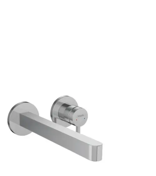 Unterputz-Waschtischmischer von Hansgrohe mit einem schlichten, geraden Auslauf. Der Wasserhahn ist in Chrom gefertigt und für die Wandmontage konzipiert.